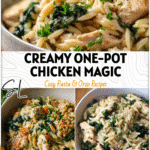 Bowl of creamy chicken and kale orzo pasta topped with herbs shown on a wooden table.